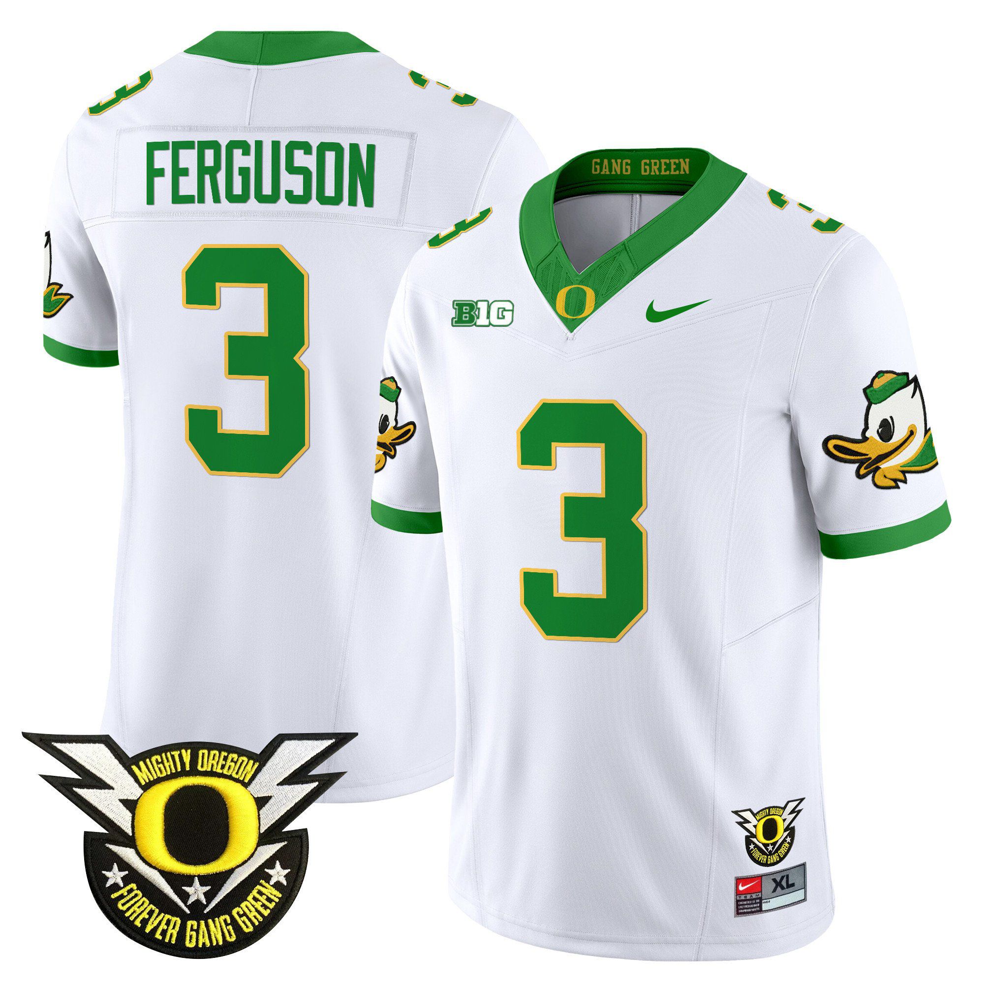 Men Oregon Ducks #3 Ferguson White 2024 Nike Forever Gang Green & BIG Patch Vapor Limited NCAA Jersey